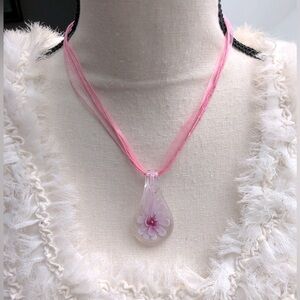 Hand Blown Glass Fairycore Floral Teardrop Pendant Pink Cord Necklace